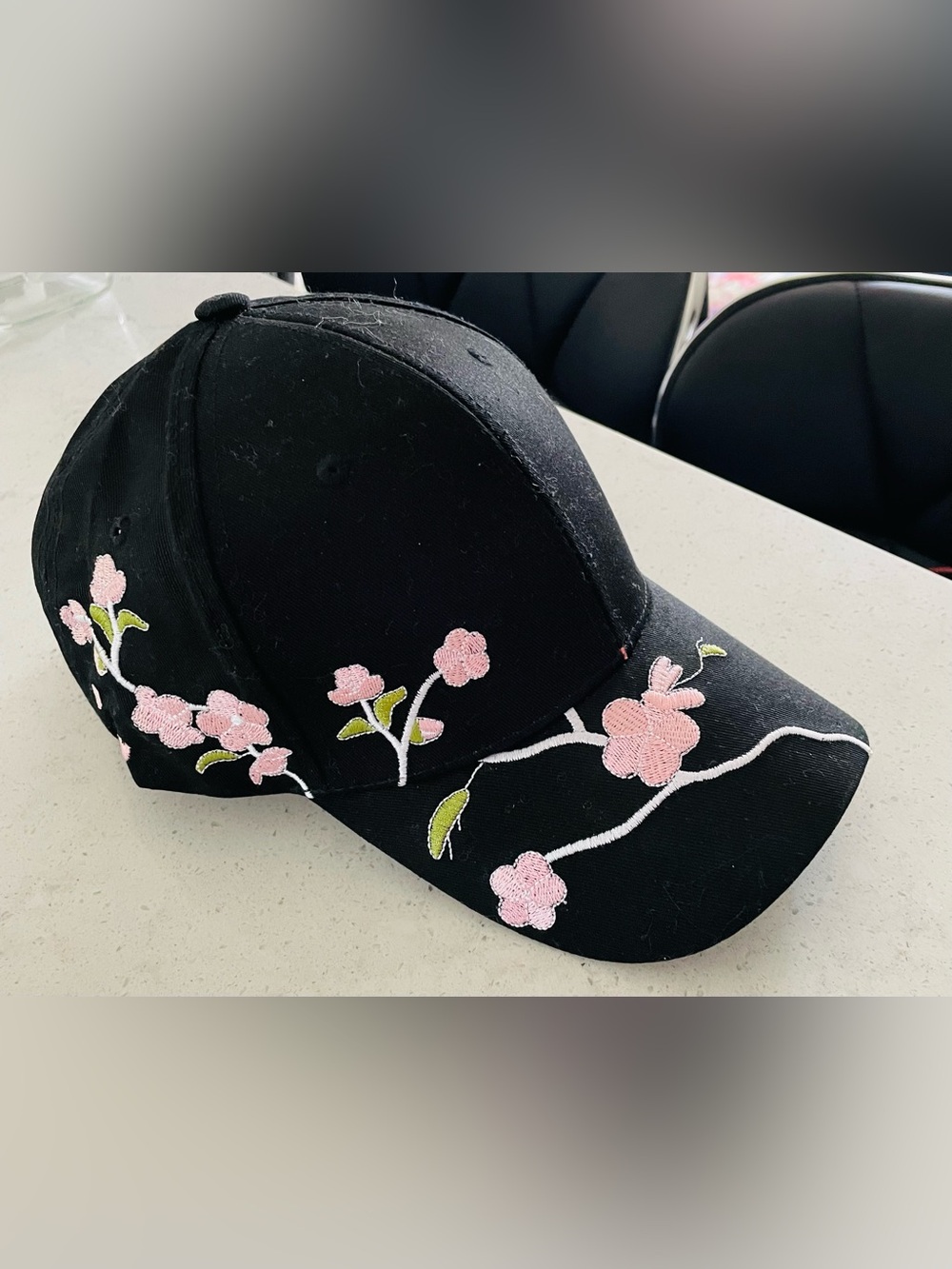 Black Floral Embroidered Baseball Cap - Pink Blossom Design